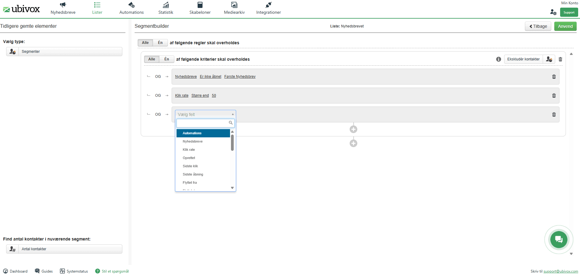 Segmentbuilder i Ubivox: regler for at bygge et segment ud fra kriterier